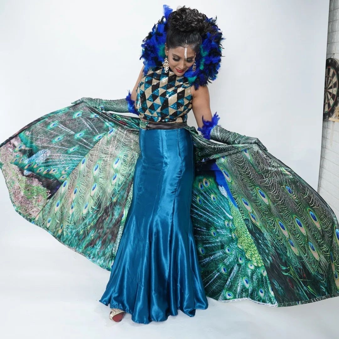 Green And Blue Sequined Corset Illusion Dress With Peacock Feathers