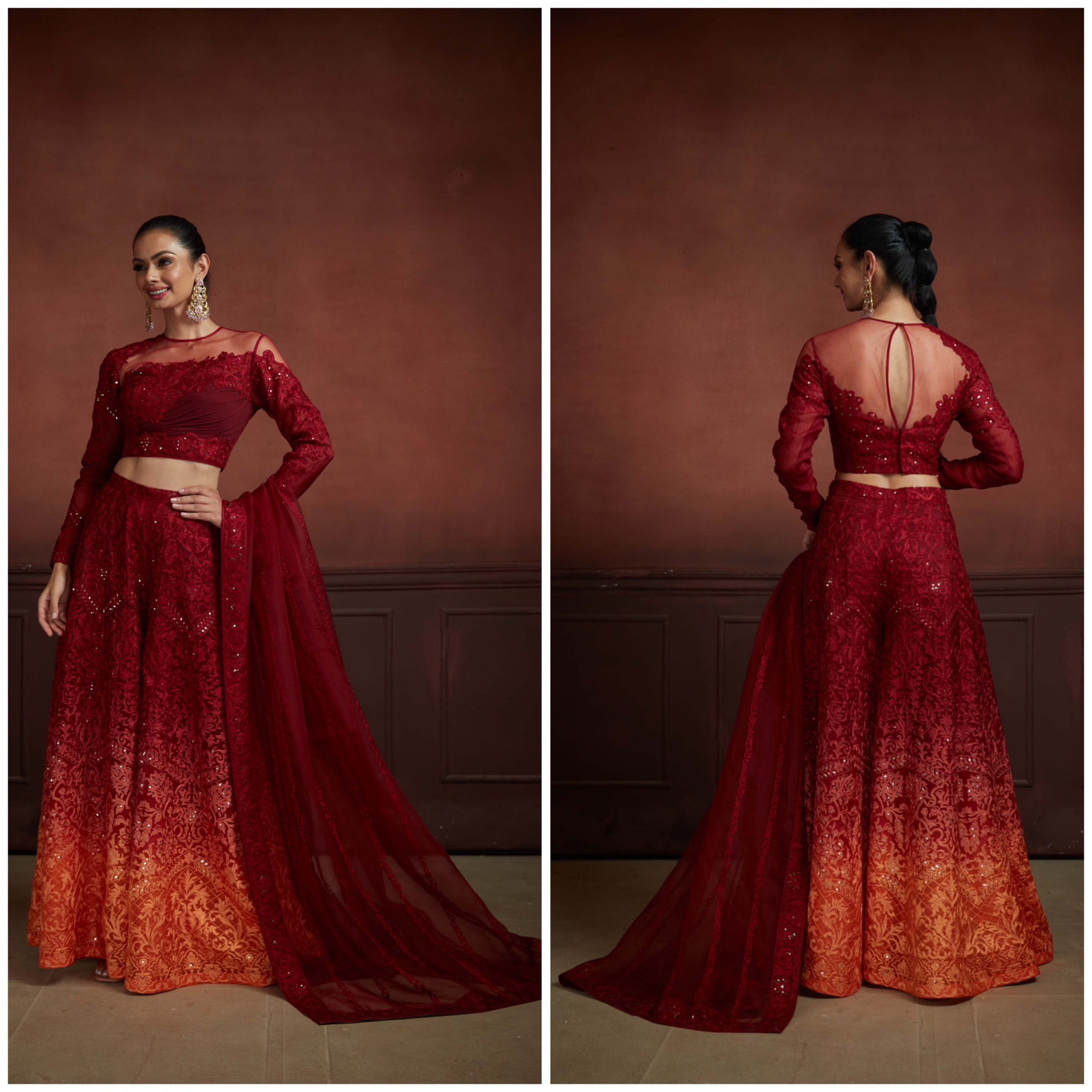 Neeta Lulla Faye Embellished Gown With Trail | Red, Crystals, Gown, Plunged  V-neck, Sleeveless | Embellished gown, Gowns, Ladies gown